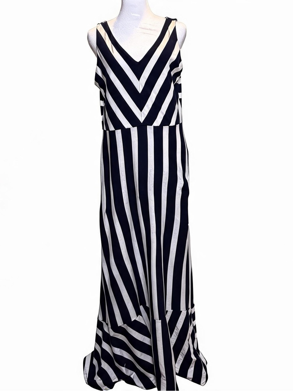Chaps Navy and White Striped V-Neck Maxi Dress